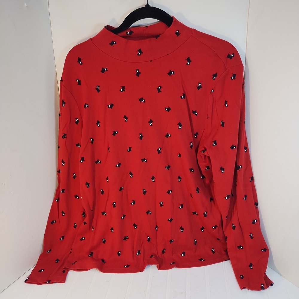St Johns Bay Red Scottie Dog Mock Neck Long Sleeve Top 1X Christmal Novelty